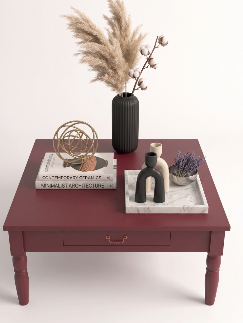 woodenbend, Woodenbend Marine Bordo Orta Sehpa | 80x80 cm Country Tarz Torna Ayaklı Kare Lake Sehpa