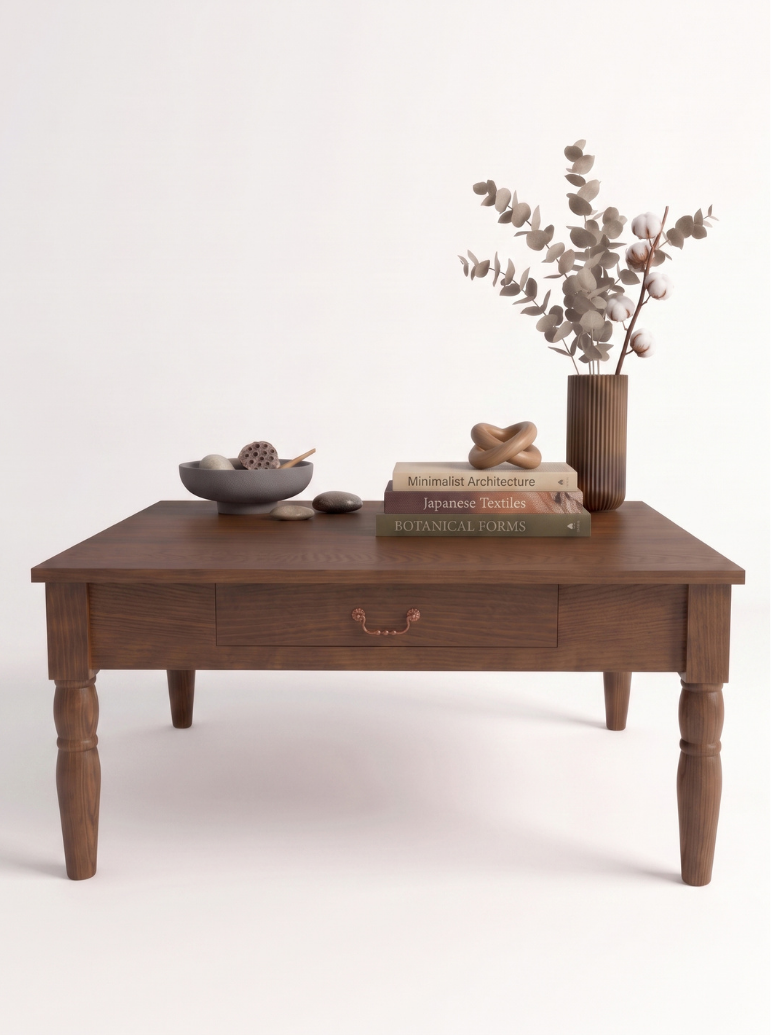 woodenbend, Woodenbend Marine Ceviz Orta Sehpa | 80x80 cm Klasik Country Kayın Torna Ayaklı Çekmeceli Ahşap Sehpa