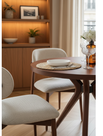Woodenbend Milas 100x100 cm Ceviz Yuvarlak Masa & 4 Döşemeli Sandalye Takımı – Modern