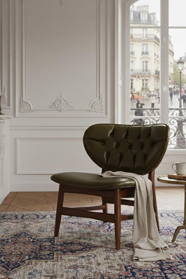Woodenbend Morena Ceviz Rengi Ahşap Suni Deri Kapitone Berjer – Modern Salon Koltuğu