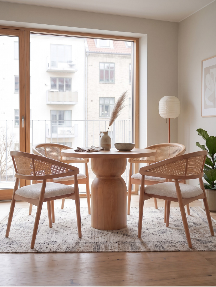 Woodenbend Nicolo Naturel Yuvarlak Yemek Masası Takımı 100 cm – Hazeran Kollu Sandalyeli Masif Kayın Ahşap Modern Masa Takımı
