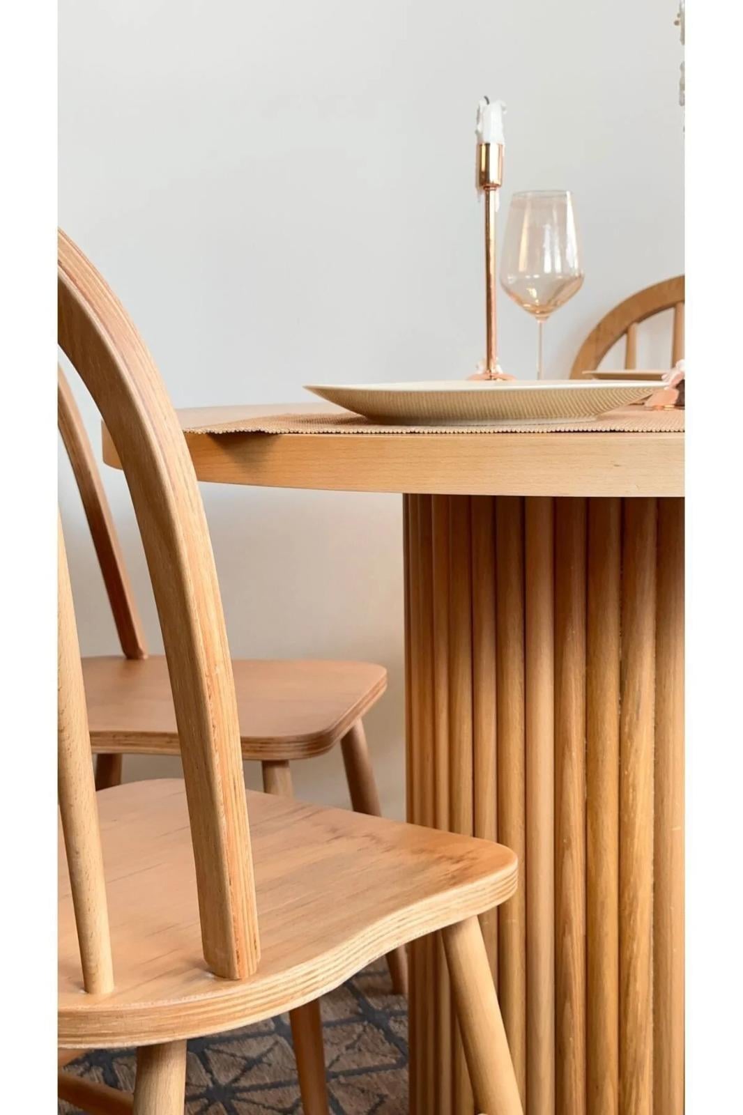 Woodenbend Oslo Yuvarlak Natural 100 cm Ahşap Yemek Masası Takımı – Hazeran Sandalyeli 4 Kişilik Masa Seti