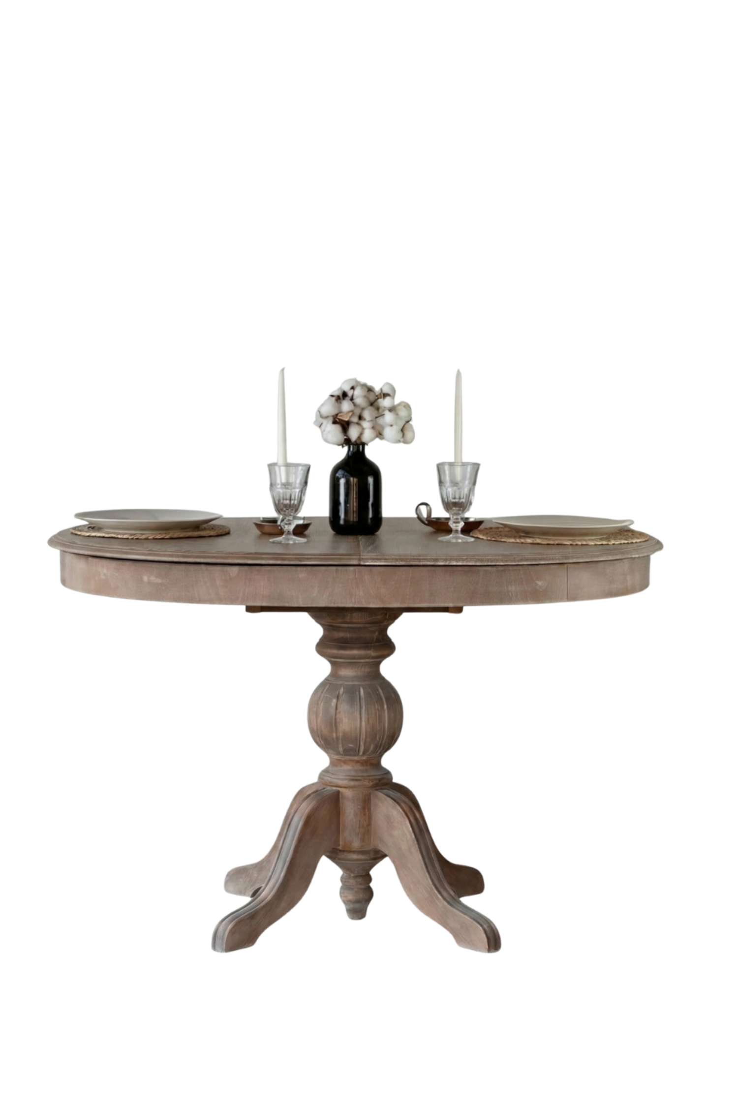 Woodenbend Ronya Eskitme Rengi Yuvarlak Açılır Masa 100x100 – 100x130 İskandinav Bohem Tarzı