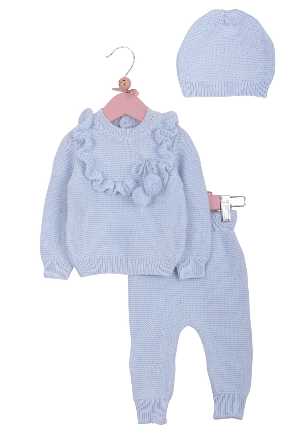 Triko Kız Bebek Yakası Fırfırlı 3lü Takım Bebe Mavi