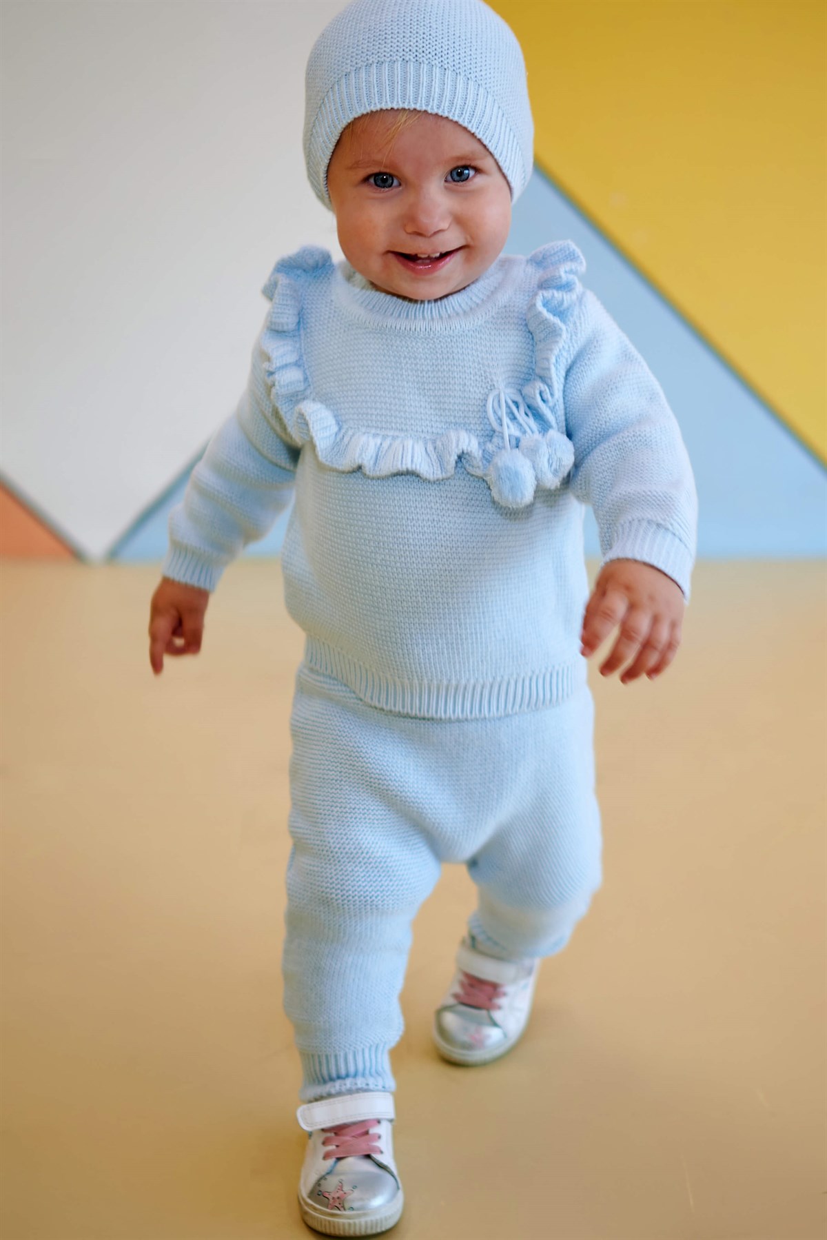 Triko Kız Bebek Yakası Fırfırlı 3lü Takım Bebe Mavi