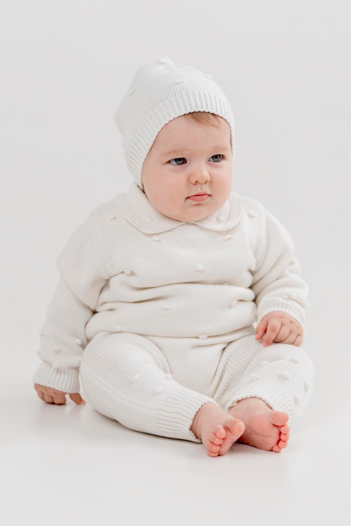 Unisex Bebek Gömlek Yaka Ponponlu 3'Lü Takım  KEMİK