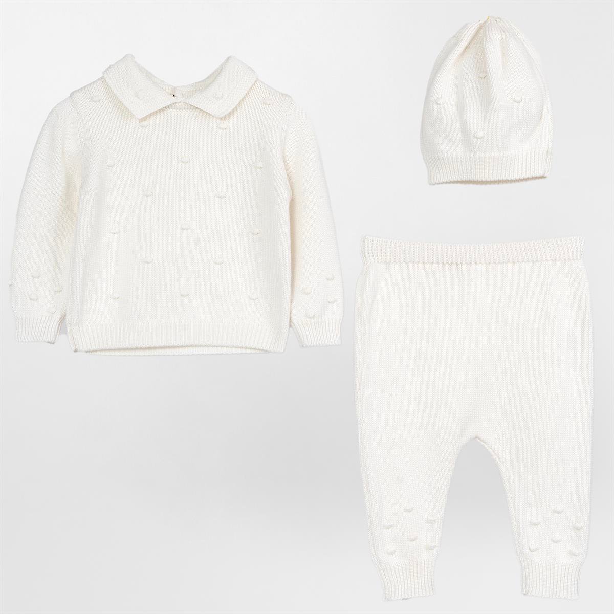 Unisex Bebek Gömlek Yaka Ponponlu 3'Lü Takım  KEMİK