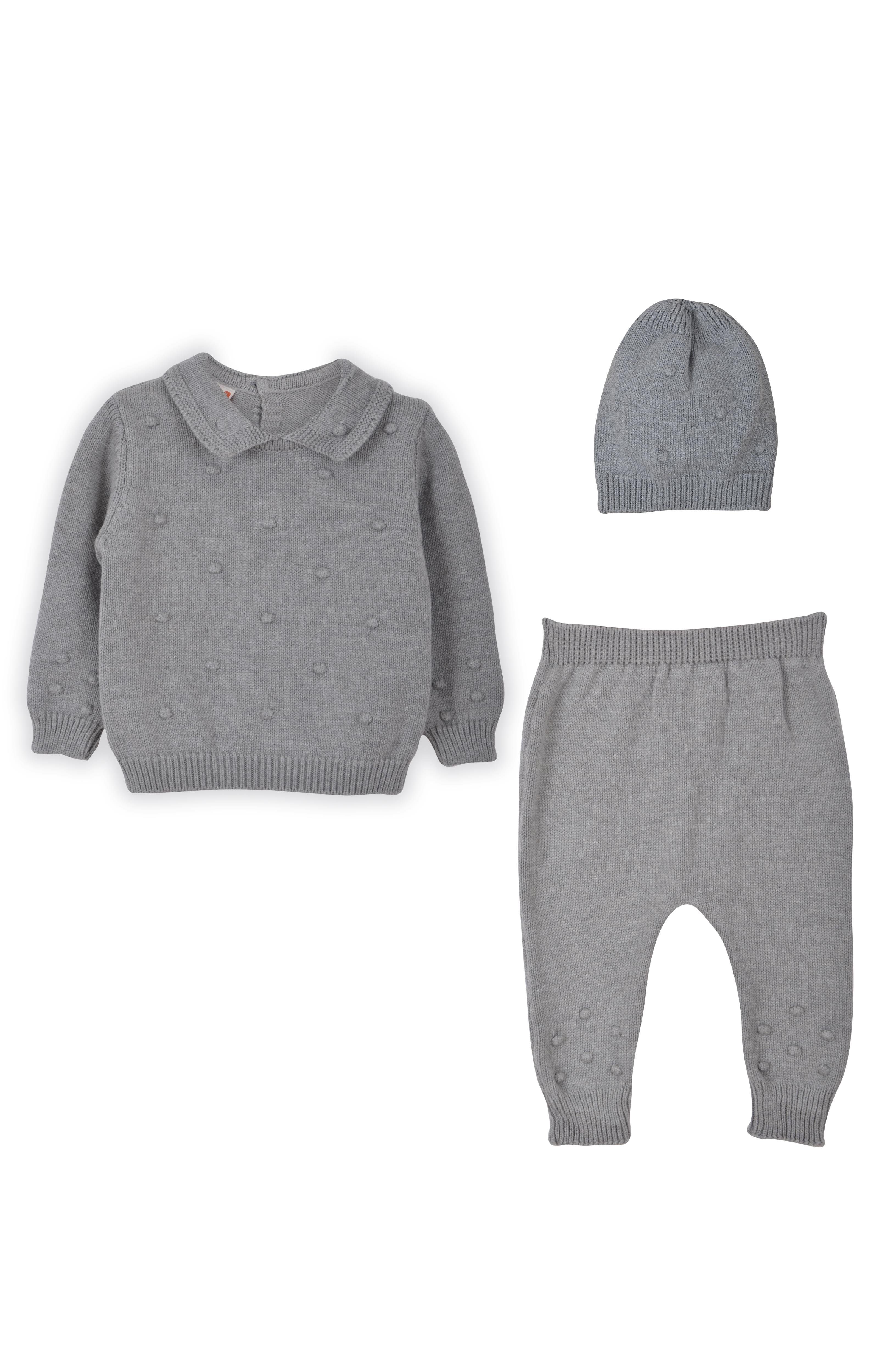 Unisex Bebek Gömlek Yaka Ponponlu 3'Lü Takım GRİ