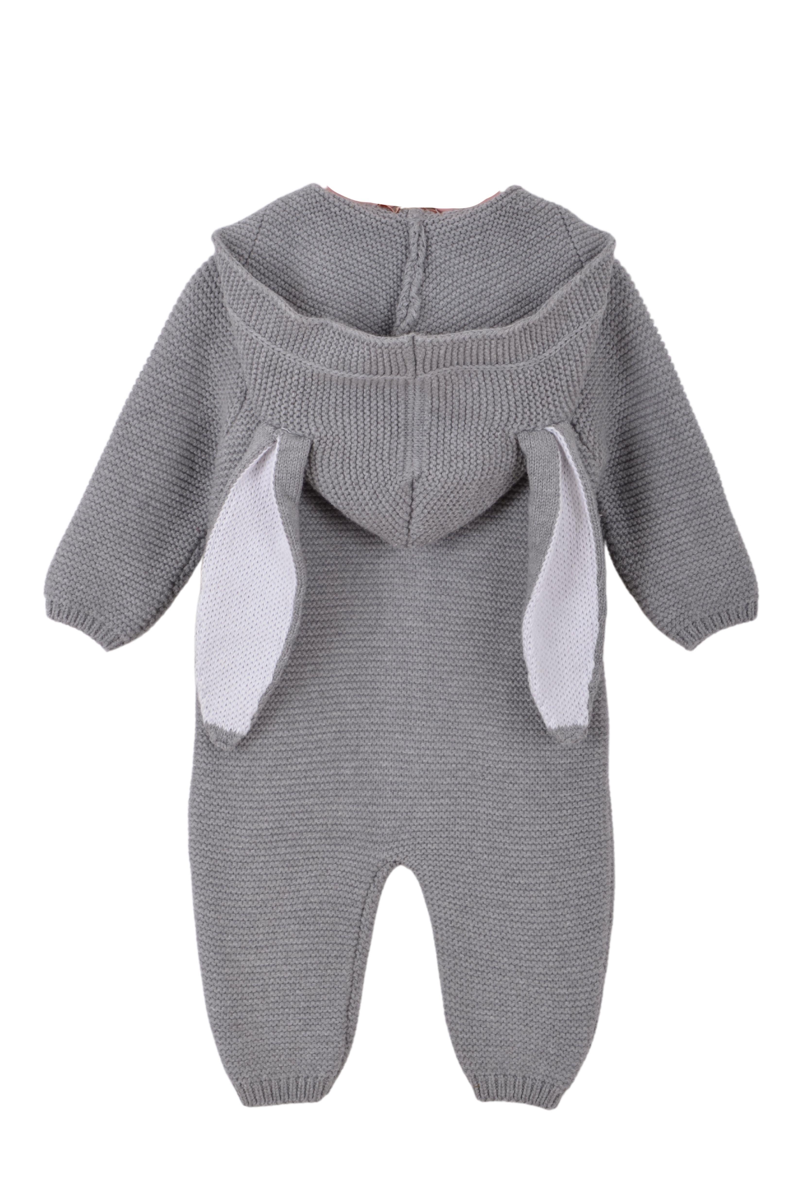 Unisex Triko Tavşan Kulaklı Kapşonlu Bebek Tulumu Gri