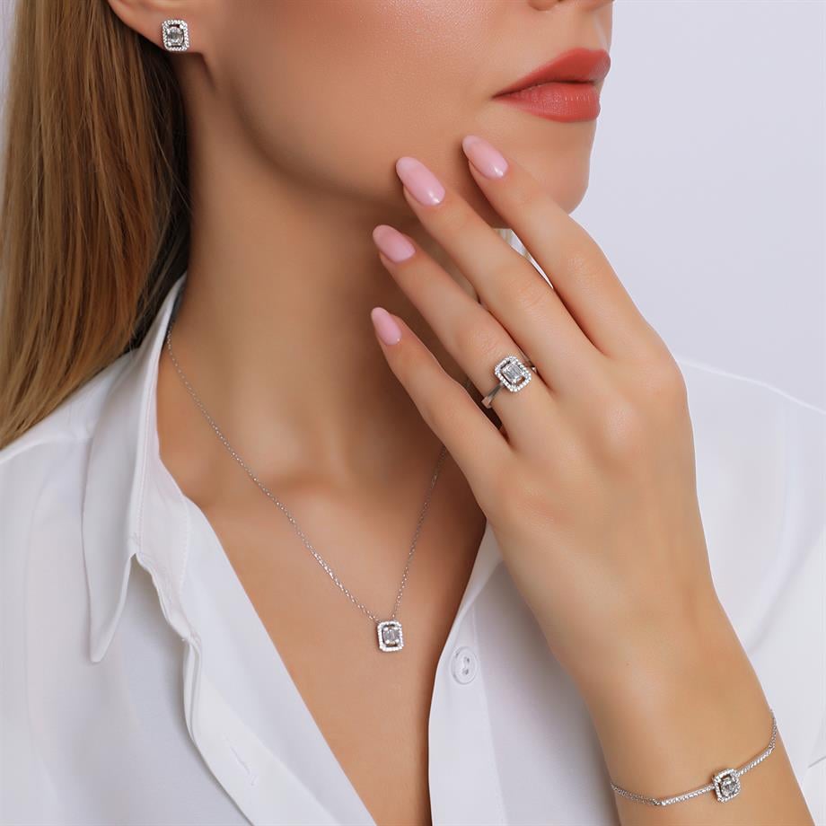 Pırlanta Montür Baget Işıltısı Çivili Dörtlü Gümüş Set