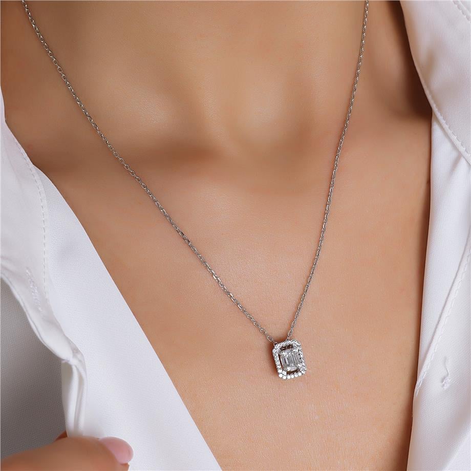 Pırlanta Montür Baget Işıltısı Gümüş Kolye