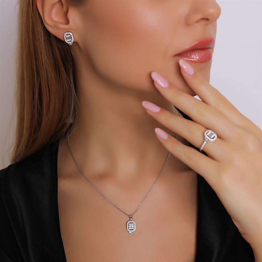 Pırlanta Montür  Baget Salkımı Çivili  Gümüş Mini Set