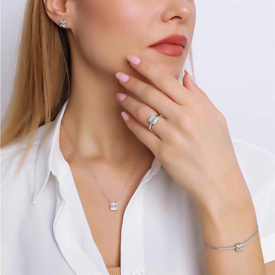 Pırlanta Montür  Baget Taşlı Çivili Dörtlü Gümüş Set