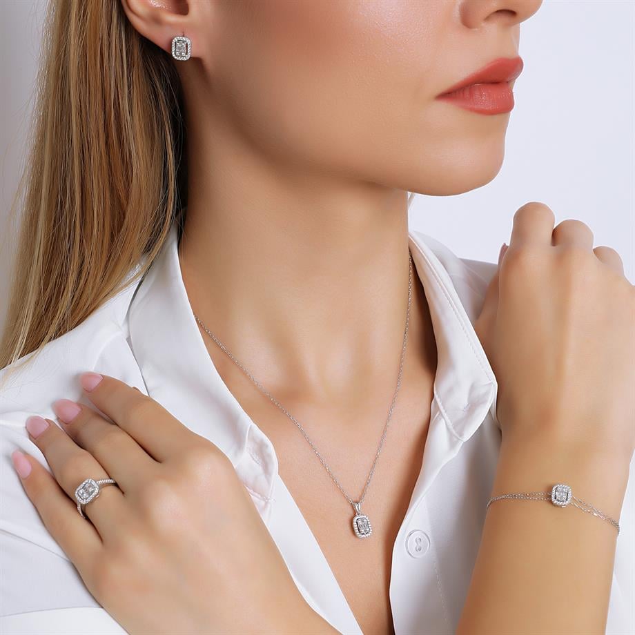 Pırlanta Montür  Baget Taşlı Çivili  Gümüş Mini Set