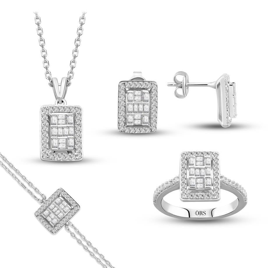 Pırlanta Montür  Baget Taşlı Dikdörtgen Çivili  Gümüş Mini Set