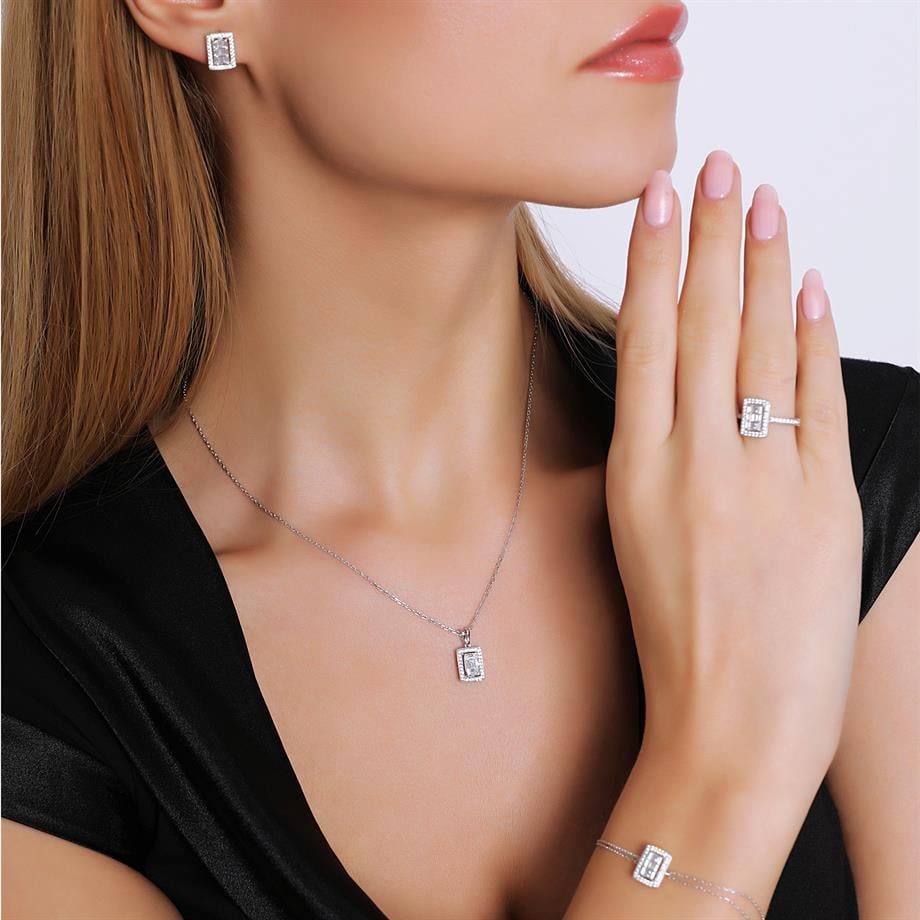 Pırlanta Montür  Baget Taşlı Dikdörtgen Çivili  Gümüş Mini Set