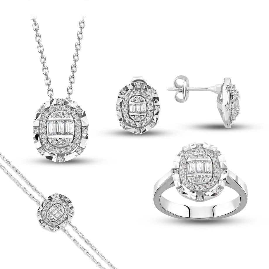 Pırlanta Montür Kalemli Baget Işıltısı Çivili  Gümüş Mini Set