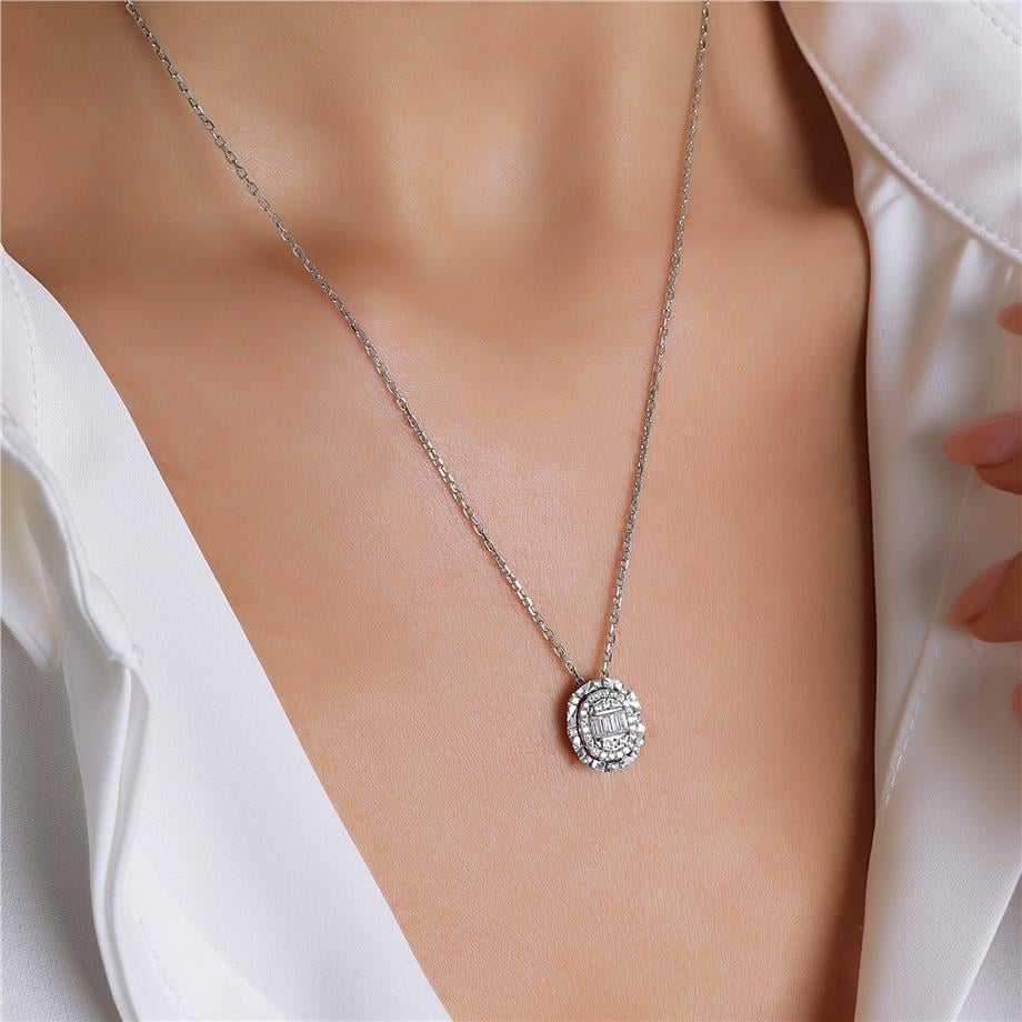 Pırlanta Montür Kalemli Baget Işıltısı Gümüş Kolye