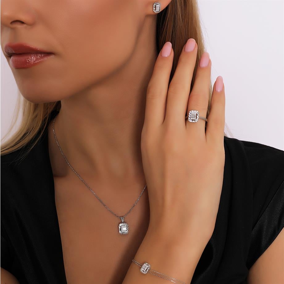 Pırlanta Montür Kalemli Baget Taşlı Çivili Dörtlü Gümüş Set