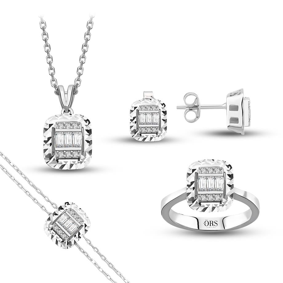 Pırlanta Montür Kalemli Baget Taşlı Çivili Dörtlü Gümüş Set