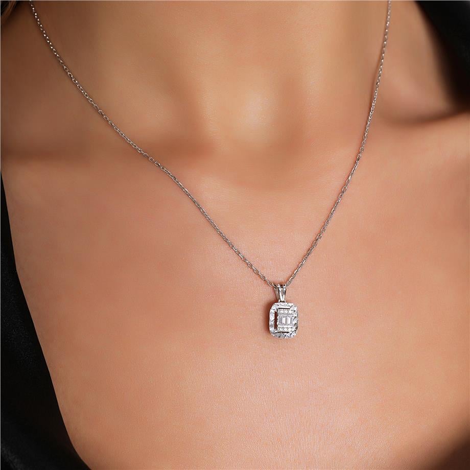 Pırlanta Montür Kalemli Baget Taşlı Gümüş Kolye