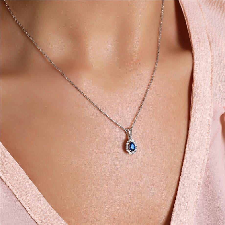 Pırlanta Montür Sentetik Damla Işıltısı Safir Gümüş Kolye