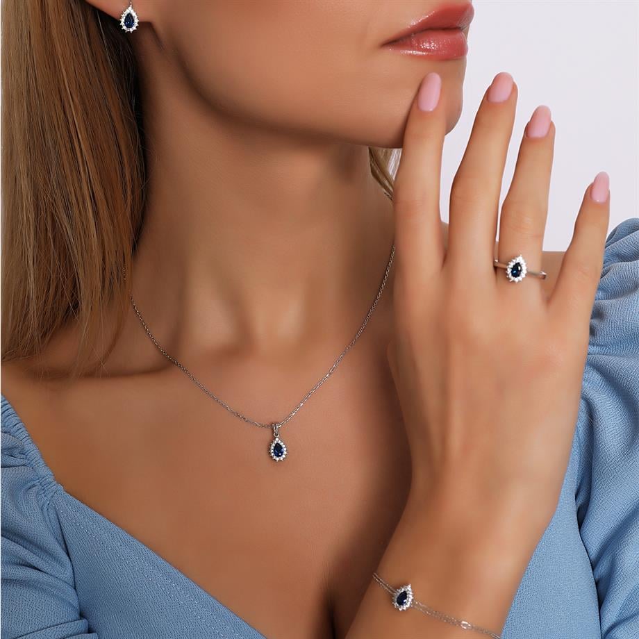 Pırlanta Montür Sentetik Damla Safir  italyan Kilit Gümüş Mini Set