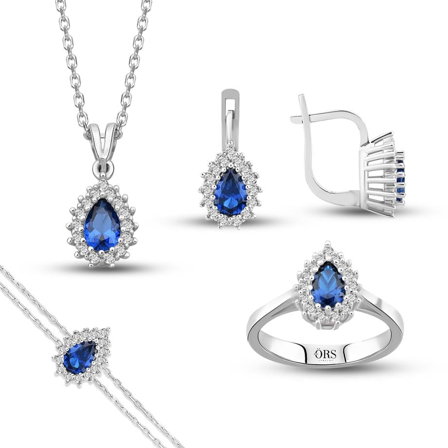 Pırlanta Montür Sentetik Damla Safir  italyan Kilit Gümüş Mini Set