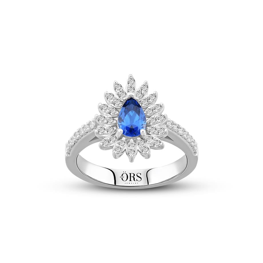 Pırlanta Montür Sentetik Damla Safir  Yüzük