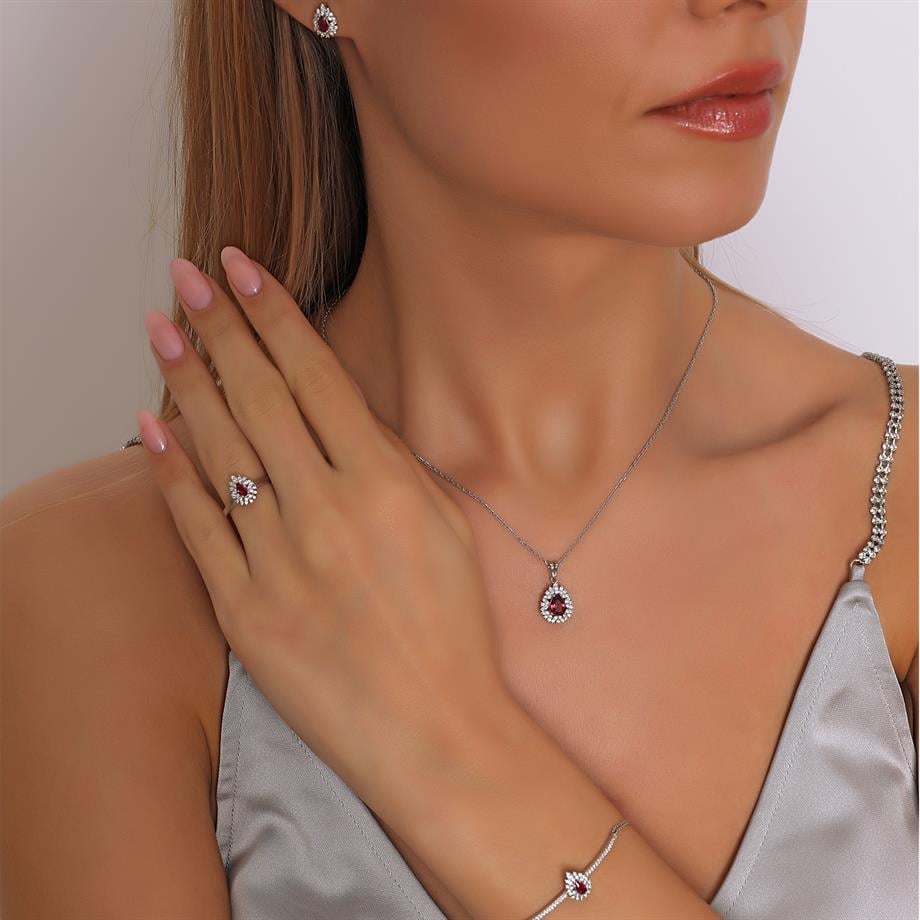 Pırlanta Montür Sentetik Damla Yakut Dörtlü Gümüş Set