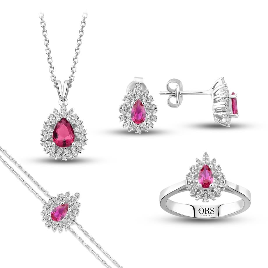 Pırlanta Montür Sentetik Damla Yakut Dörtlü Gümüş Set