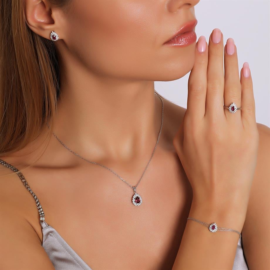 Pırlanta Montür Sentetik Damla Yakut Dörtlü Gümüş Set