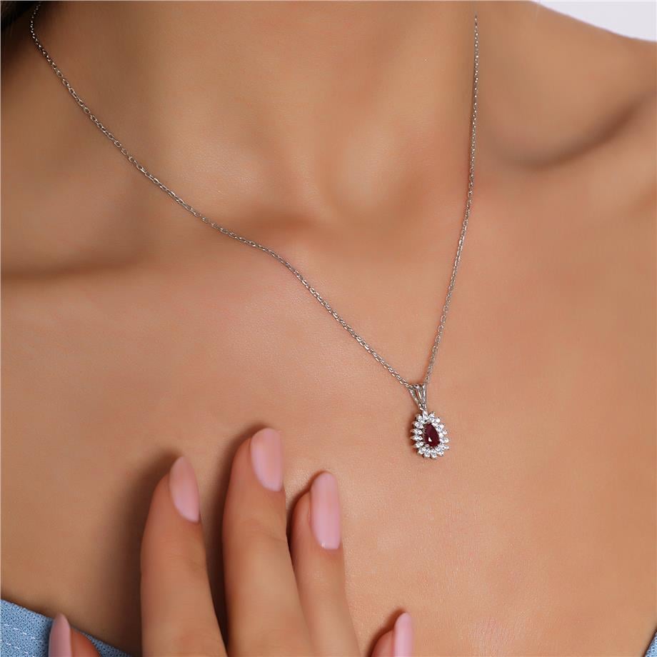 Pırlanta Montür Sentetik Damla Yakut Gümüş Kolye