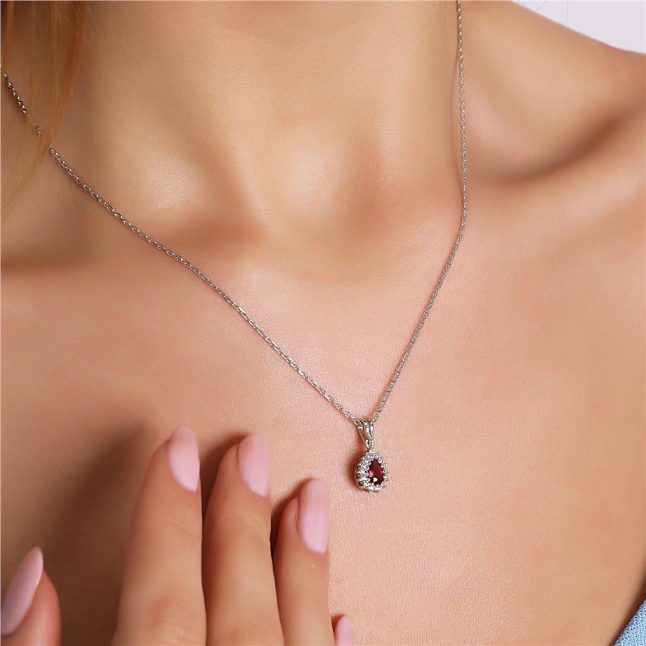 Pırlanta Montür Sentetik Damla Yakut Gümüş Kolye