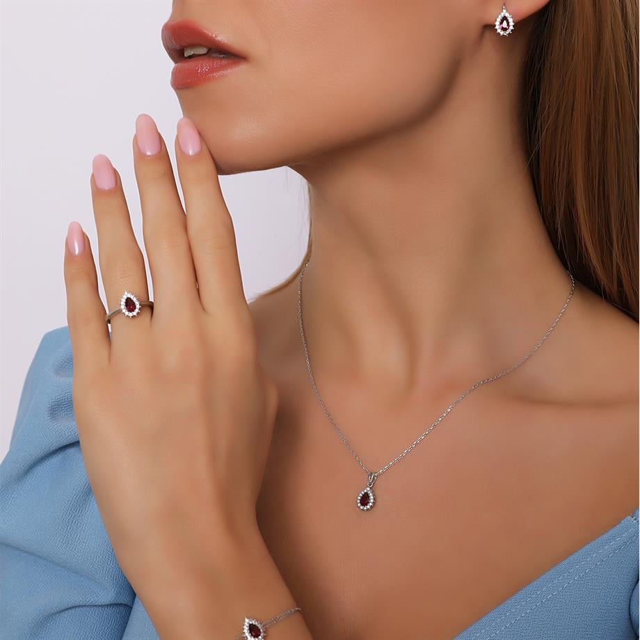 Pırlanta Montür Sentetik Damla Yakut italyan Kilit Gümüş Mini Set