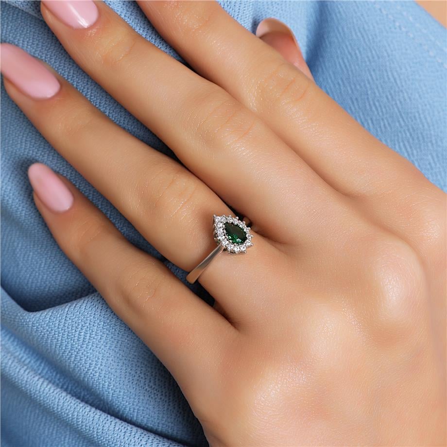 Pırlanta Montür Sentetik Damla Zümrüt i Yüzük