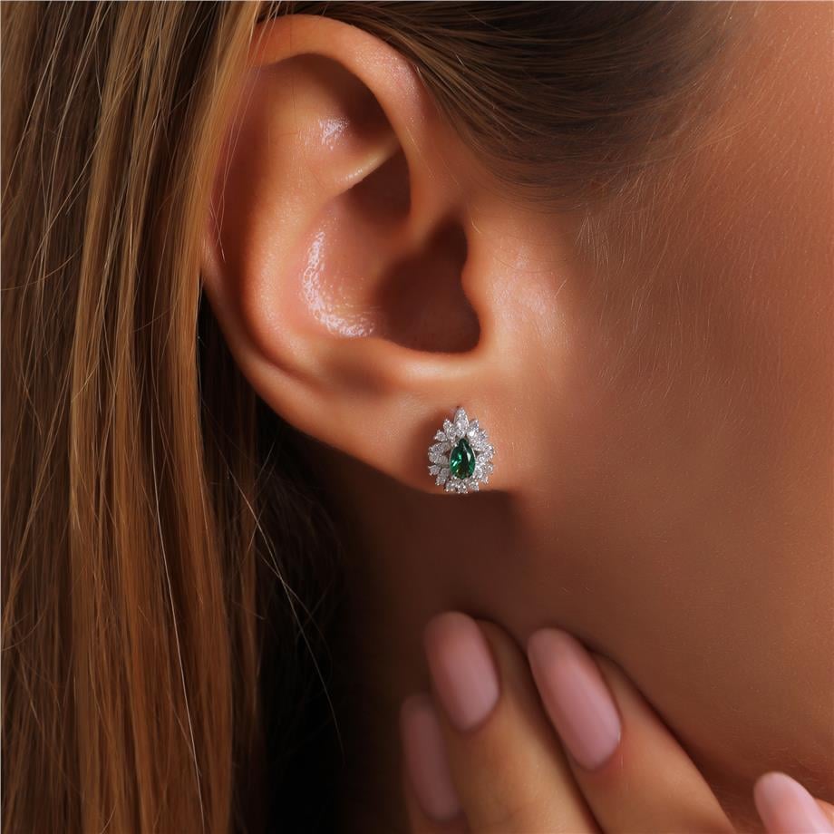 Pırlanta Montür Sentetik Damla Zümrüt Gümüş Küpe