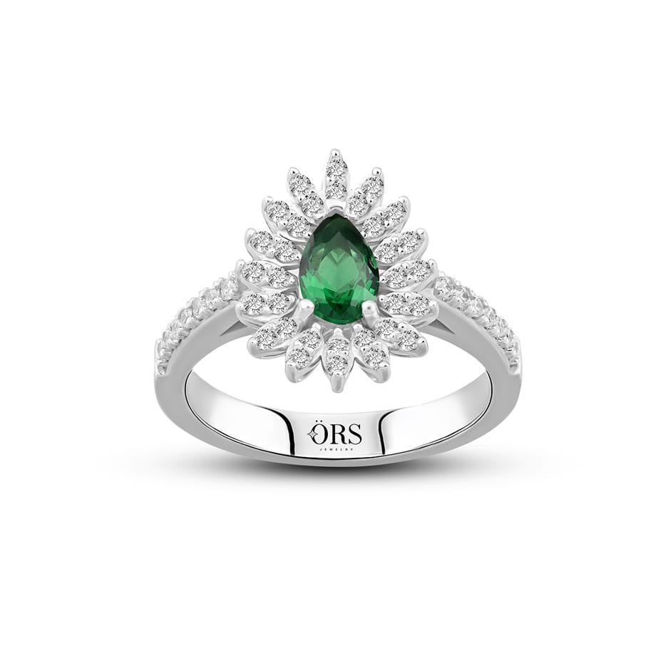 Pırlanta Montür Sentetik Damla Zümrüt  Yüzük