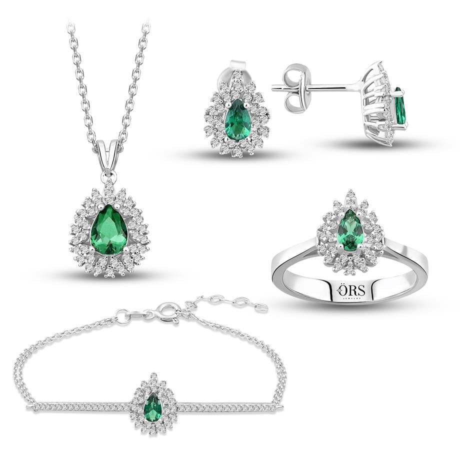 Pırlanta Montür Sentetik Damla Zümrüt Dörtlü Gümüş Set