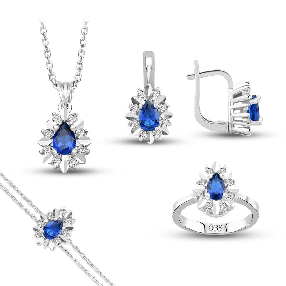 Pırlanta Montür Sentetik Kalemli Damla Safir  italyan Kilit Gümüş Mini Set