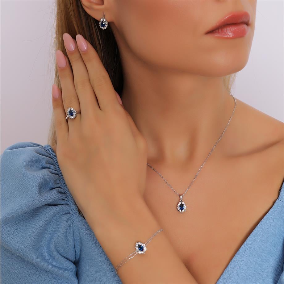 Pırlanta Montür Sentetik Kalemli Damla Safir  italyan Kilit Gümüş Mini Set