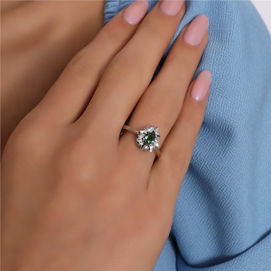 Pırlanta Montür Sentetik Kalemli Damla Zümrüt  Yüzük