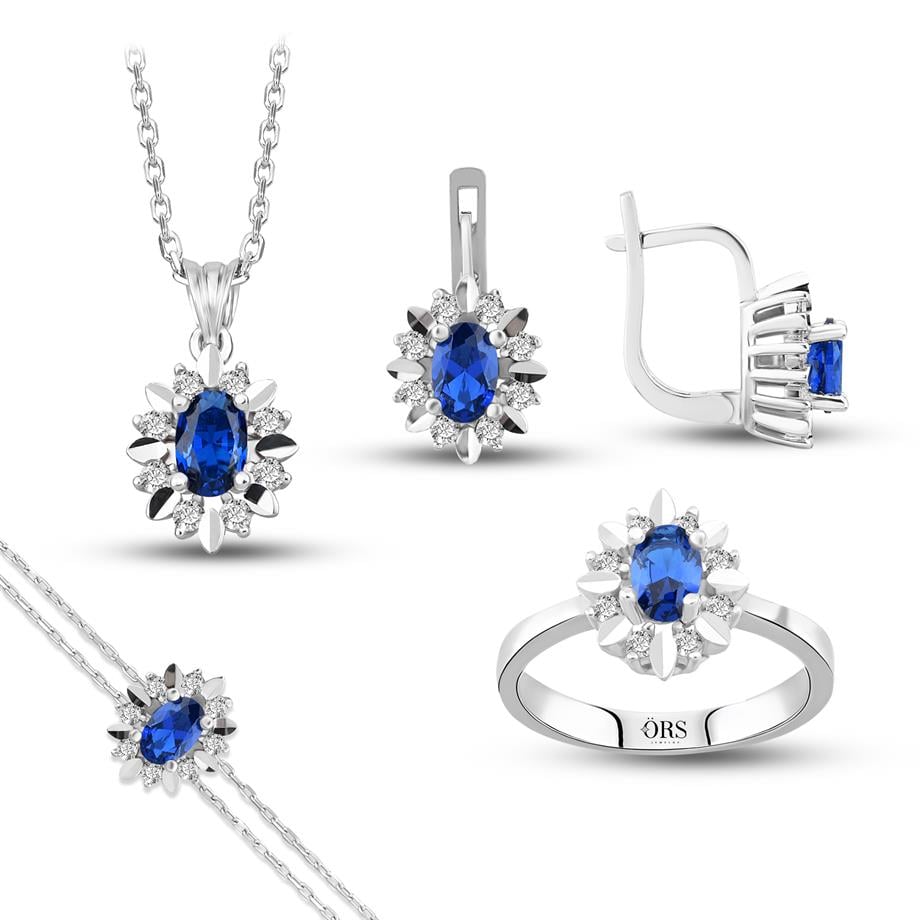 Pırlanta Montür Sentetik Kalemli Oval Safir  italyan Kilit Gümüş Mini Set