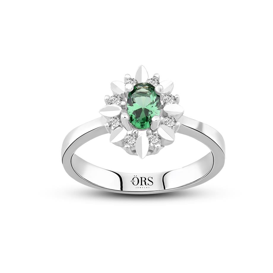 Pırlanta Montür Sentetik Kalemli Oval Zümrüt  Yüzük