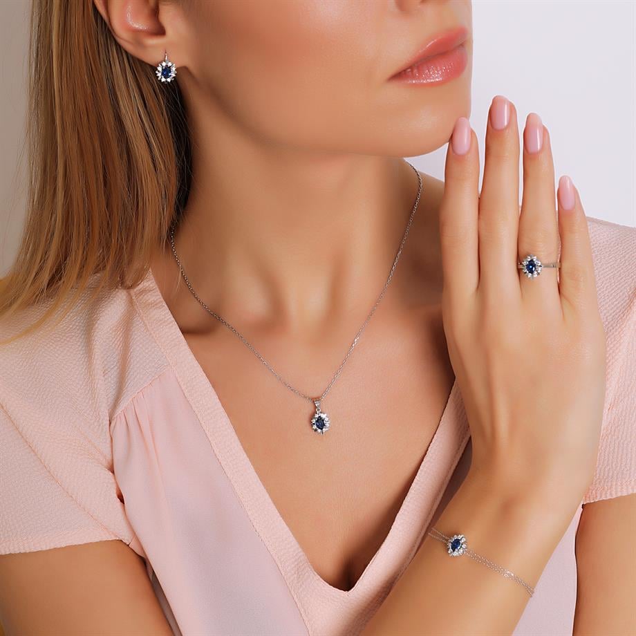 Pırlanta Montür Sentetik Kalemli Oval Safir  italyan Kilit Gümüş Mini Set