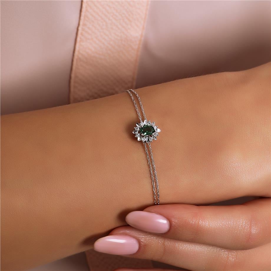 Pırlanta Montür Sentetik Kalemli Oval Zümrüt  Bileklik