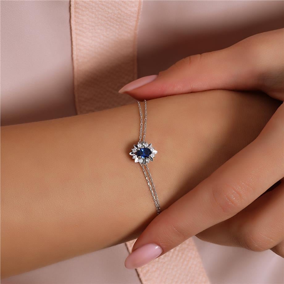Pırlanta Montür Sentetik Kalemli Oval Safir   Bileklik