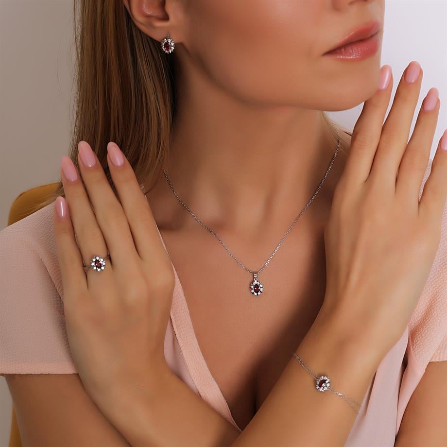 Pırlanta Montür Sentetik Kalemli Oval Yakut italyan Kilit Gümüş Mini Set