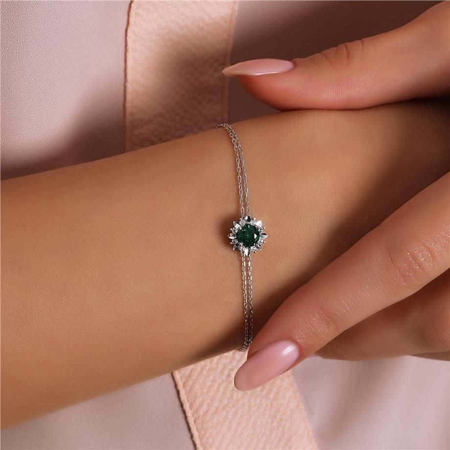 Pırlanta Montür Sentetik Kalemli Yuvarlak Zümrüt   Bileklik