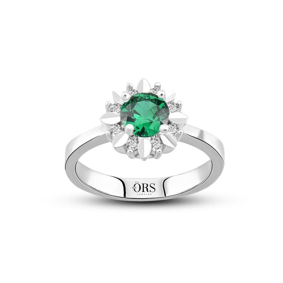 Pırlanta Montür Sentetik Kalemli Yuvarlak Zümrüt   Yüzük